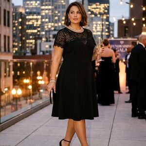 🖤 City Chic Black Lace Crochet Yoke Skater Dress 16W